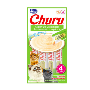 <strong>Inaba</strong> Churu Cat, Snack Húmedo para Gatos, Sabor Pollo con Ostión, 4 tubos exprimibles, bolsa de 56 gr