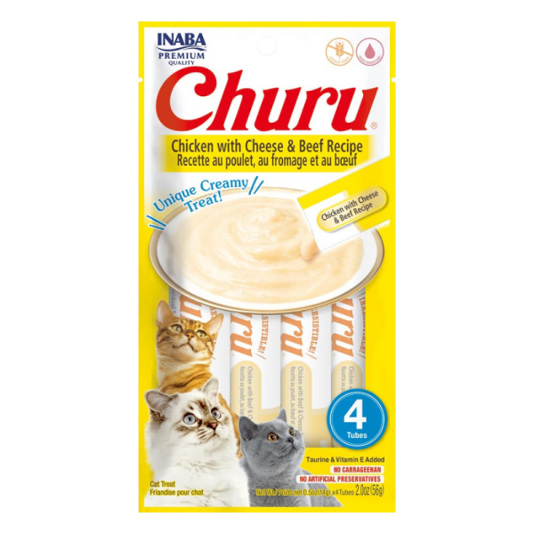 <strong>Inaba</strong> Churu Cat, Snack Húmedo para Gatos, Sabor Pollo con Queso y Carne, 4 tubos exprimibles, bolsa de 56 gr