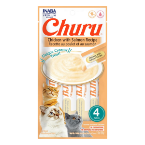 <strong>Inaba</strong> Churu Cat, Snack Húmedo para Gatos, Sabor Pollo con Salmón, 4 tubos exprimibles, bolsa de 56 gr