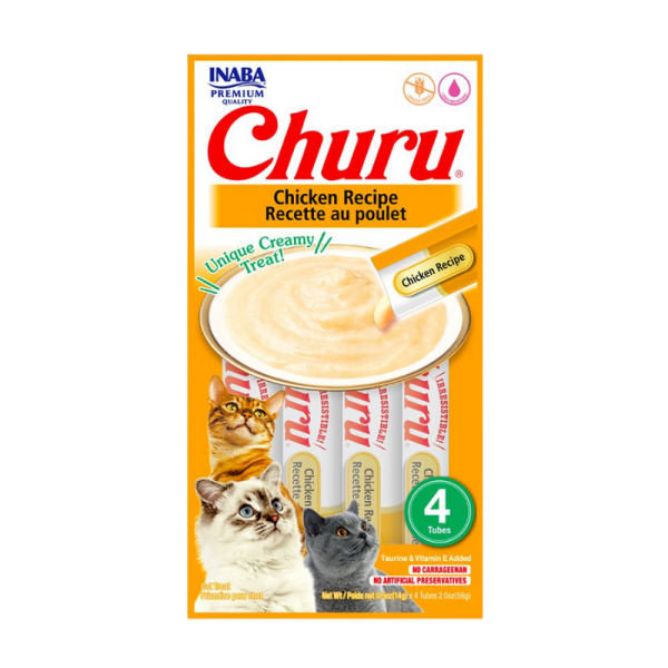 <strong>Inaba</strong> Churu Cat, Snack Húmedo para Gatos, Sabor Pollo, 4 tubos exprimibles, bolsa de 56 gr