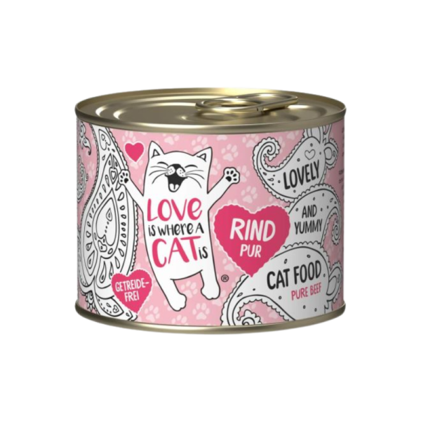 <strong>Love is Where a Cat is</strong> Pure Beef, Alimento Húmedo para Gatos Libre de Granos, Vacuno, lata de 200 gr