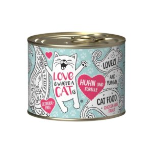 <strong>Love is Where a Cat is</strong> Chicken and Trout, Alimento Húmedo para Gatos Libre de Granos, Pollo y Trucha, lata de 200 gr