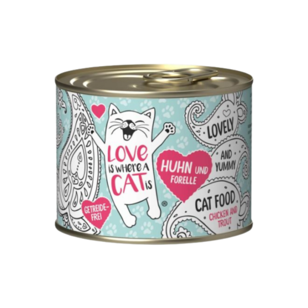 <strong>Love is Where a Cat is</strong> Chicken and Trout, Alimento Húmedo para Gatos Libre de Granos, Pollo y Trucha, lata de 200 gr