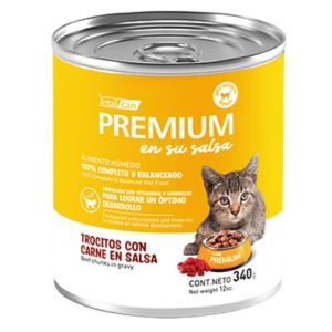 <strong>Vitalcan Premium</strong> en su Salsa, Alimento Húmedo para Gatitos, Sabor a Trocitos con Carne en Salsa, Lata 340 gr