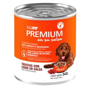 <strong>Vitalcan Premium</strong> en su Salsa, Alimento Húmedo para Perro Cachorro, Sabor a Trocitos con Carne en Salsa, Lata 340 gr