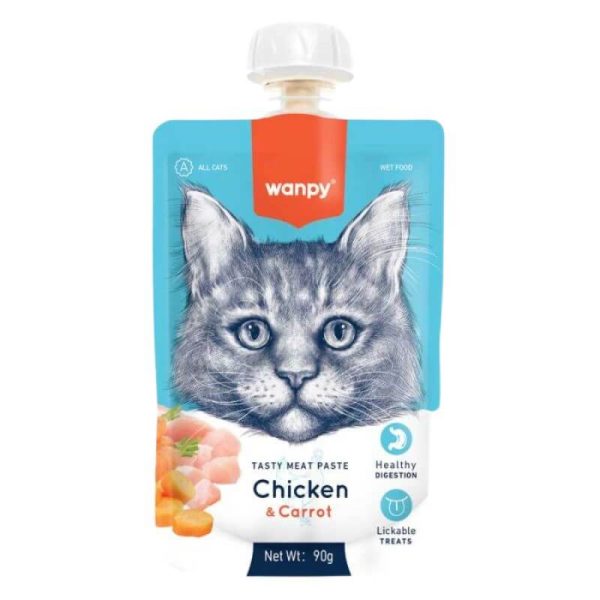 <strong>Wanpy</strong> Tasty Meat Paste, Snack Húmedo para Gatos, Pasta de Pollo y Zanahoria, pouch de 90 gr con tapa