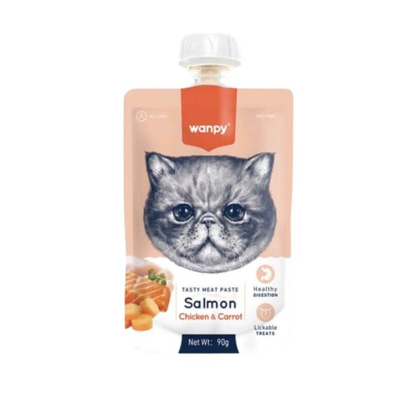 <strong>Wanpy</strong> Tasty Meat Paste, Snack Húmedo para Gatos, Pasta de Salmón, Pollo y Zanahoria, pouch de 90 gr con tapa