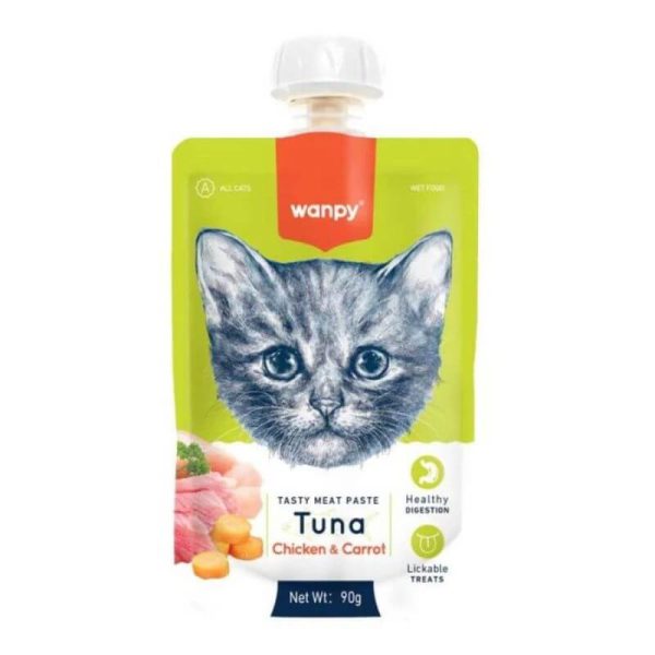 <strong>Wanpy</strong> Tasty Meat Paste, Snack Húmedo para Gatos, Pasta de Atún, Pollo y Zanahoria, pouch de 90 gr con tapa