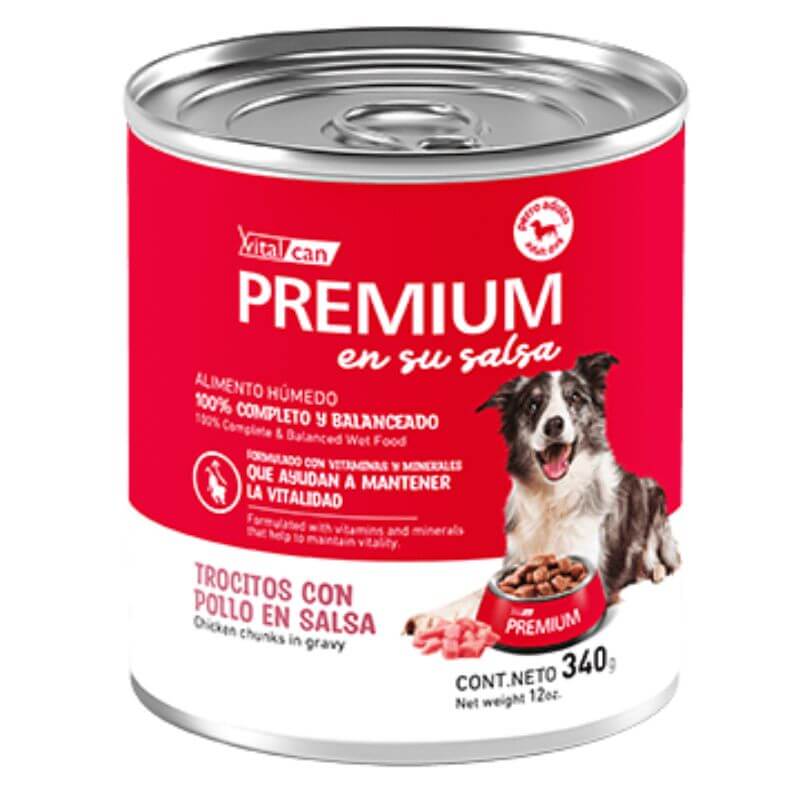 <strong>Vital Can Premium</strong> en su Salsa, Alimento Húmedo para Perro Adulto, Sabor a Trocitos con Pollo en Salsa, lata de 340 gr