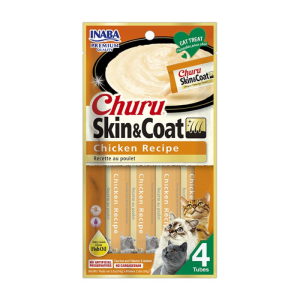 <strong>Inaba</strong> Churu Cat Skin & Coat, Snack Húmedo para Gatos, Pollo, Salud Piel y Pelaje, 4 tubos exprimibles, bolsa de 56 gr