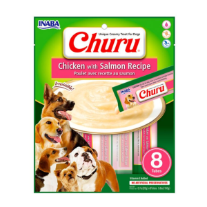 <strong>Inaba</strong> Churu Dog, Snack Húmedo para Perros, Pollo con Salmón, 8 tubos exprimibles, bolsa de 160 gr