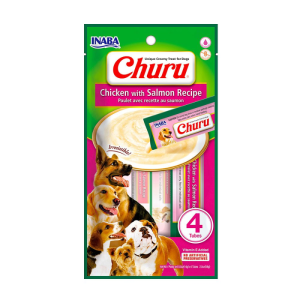 <strong>Inaba</strong> Churu Dog, Snack Húmedo para Perros, Pollo con Salmón, 4 tubos exprimibles, bolsa de 56 gr