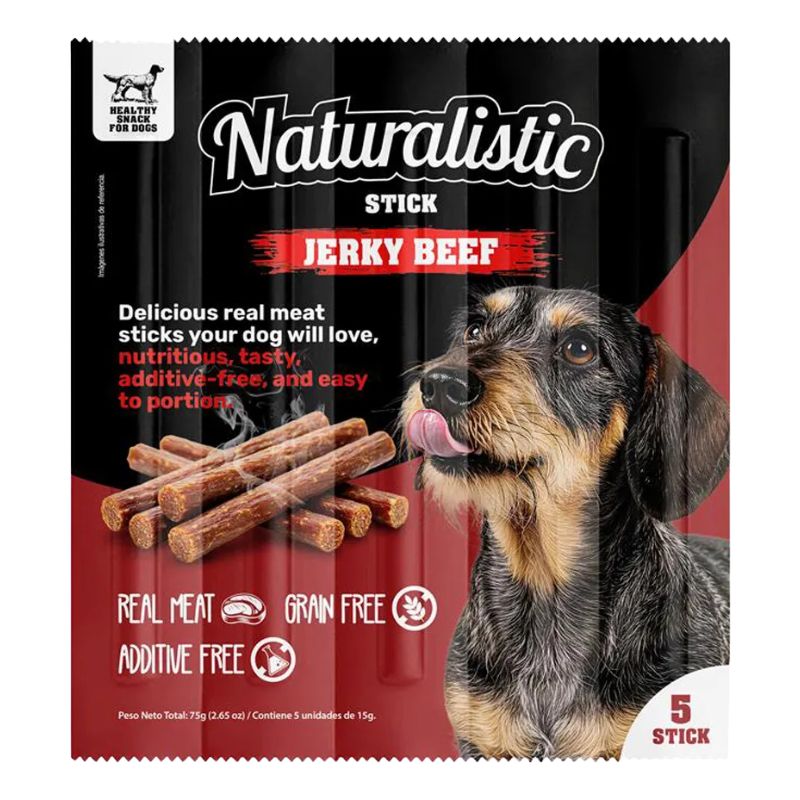 <strong>Naturalistic</strong> Stick Jerky Beef, Snack para Perros, Palitos de Carne de Res, bolsa con 5 Stick de 15 gr