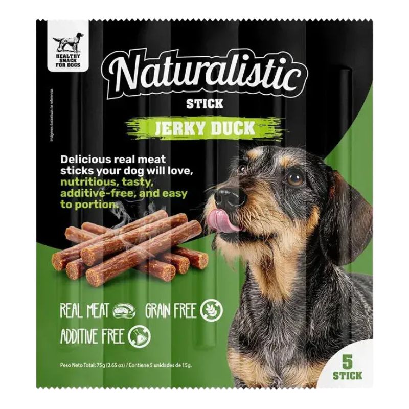 <strong>Naturalistic</strong> Stick Jerky Duck, Snack para Perros, Palitos de Carne de Pato, bolsa con 5 Stick de 15 gr