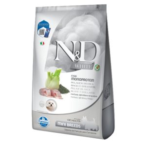 <strong>N&D</strong> White Fish Monoprotein Adult Mini Breed, Alimento Seco para Perros Adultos, Raza Pequeña, Merluza, Spirulina y Hinojo, bolsa de 2 kg