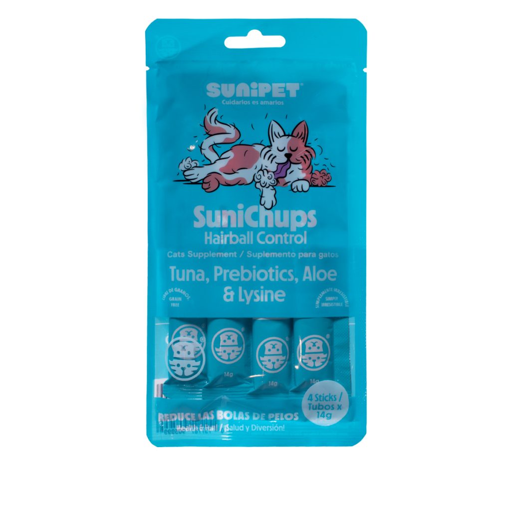 <strong>SuniChups</strong> Hairball Control, Snack Húmedo para Gatos, Atún, Probióticos, Aloe y Lisina, 4 sachet de 14 gr