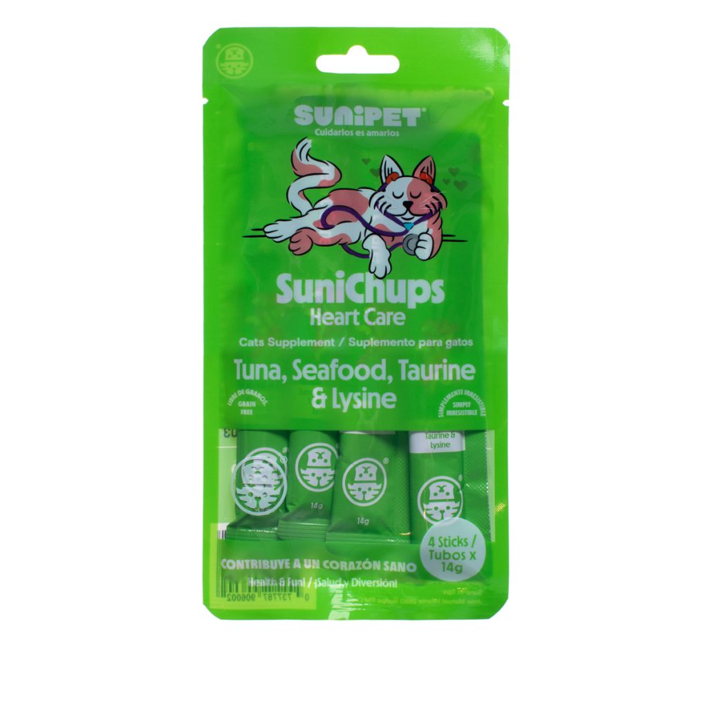 <strong>SuniChups</strong> Heart Care, Snack Húmedo para Gatos, Atún, Almeja y Lisina, 4 sachet de 14 gr