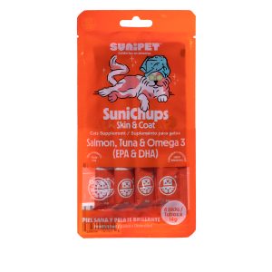<strong>SuniChups</strong> Skin & Coat, Snack Húmedo para Gatos, Salmón, Atún y Omega-3, 4 sachet de 14 gr