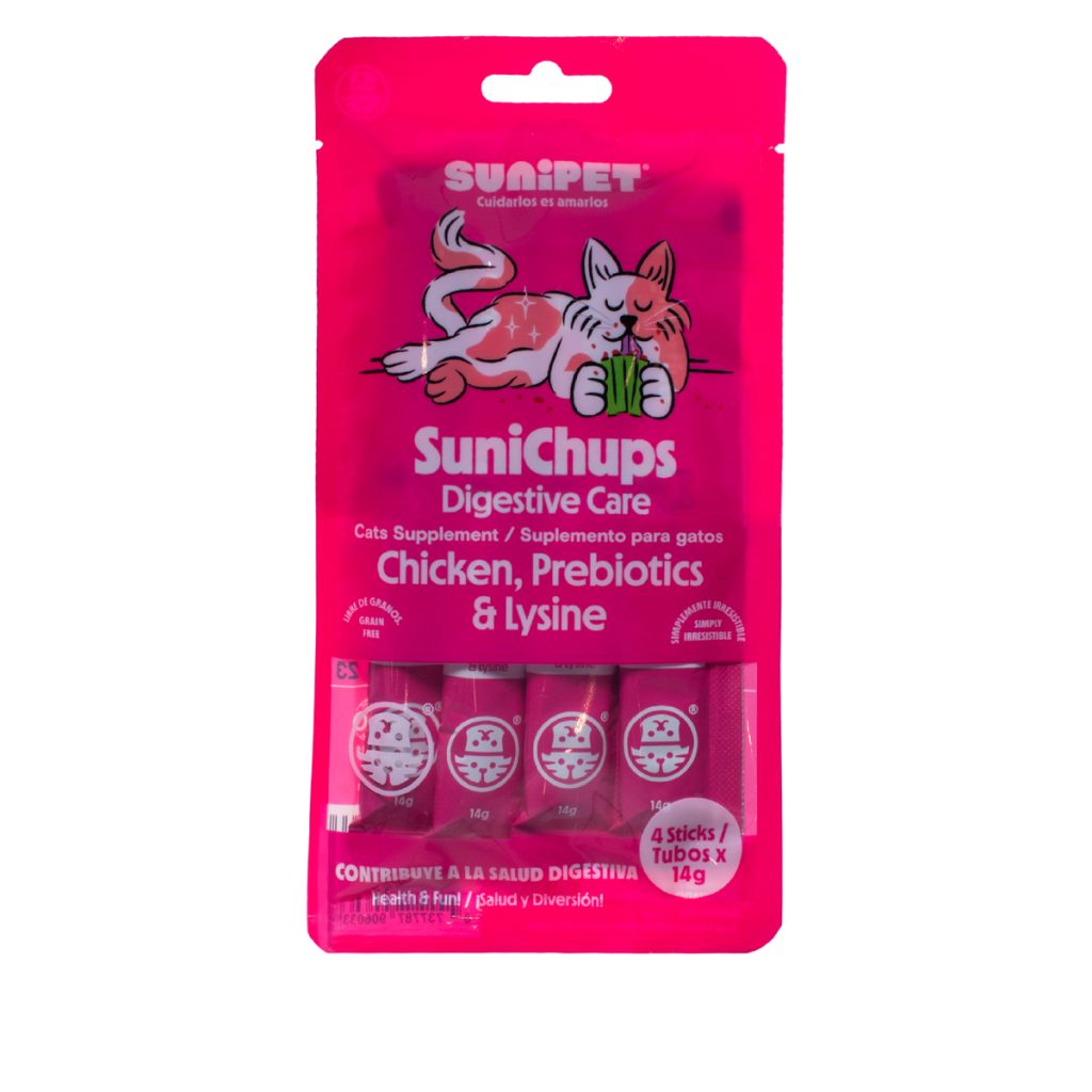 <strong>SuniChups</strong> Digestive Care, Snack Húmedo para Gatos, Pollo, Prebióticos y Lisina, 4 sachet de 14 gr