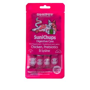<strong>SuniChups</strong> Digestive Care, Snack Húmedo para Gatos, Pollo, Prebióticos y Lisina, 4 sachet de 14 gr
