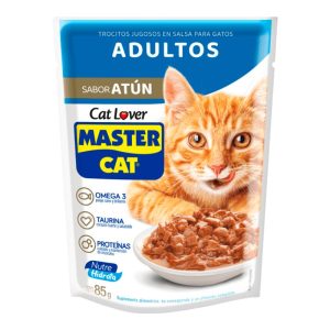 <strong>Master Cat</strong> Trocitos jugosos en salsa Sabor Atún, Alimento Húmedo para Gato Adulto, Sachet de 85 gr