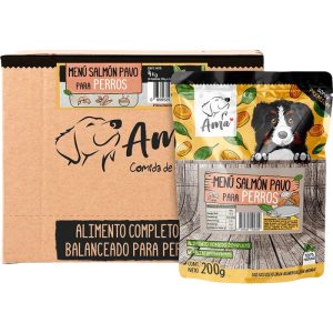 <strong>Ama</strong> Menú Salmón y Pavo, Alimento Húmedo Completo para Perros, caja de 4 kg con 20 sachets de 200 gr