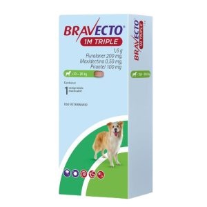 <strong>Bravecto</strong> 1M Triple, Antiparasitario Externo para Perros, 10 a 20 kg, 1 comprimido masticable (dosis mensual)