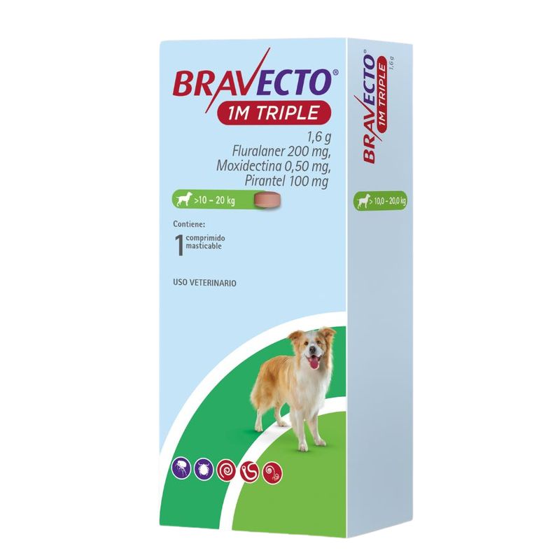 <strong>Bravecto</strong> 1M Triple, Antiparasitario Externo para Perros, 10 a 20 kg, 1 comprimido masticable (dosis mensual)
