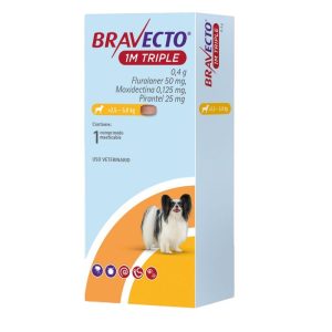 <strong>Bravecto</strong> 1M Triple, Antiparasitario Externo para Perros, 2.5 a 5 kg, 1 comprimido masticable (dosis mensual)