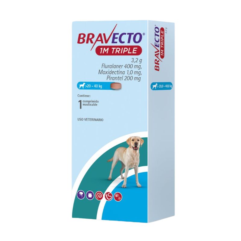 <strong>Bravecto</strong> 1M Triple, Antiparasitario Externo para Perros, 20 a 40 kg, 1 comprimido masticable (dosis mensual)