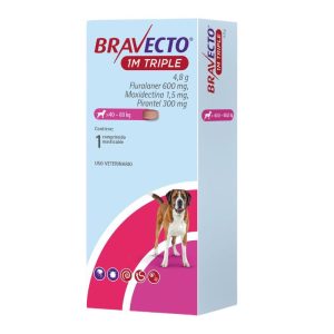 <strong>Bravecto</strong> 1M Triple, Antiparasitario Externo para Perros, 40 a 60 kg, 1 comprimido masticable (dosis mensual)
