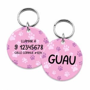 <strong>Guau!</strong> Placa Circular Personalizada Talla S, Rosado Huellitas