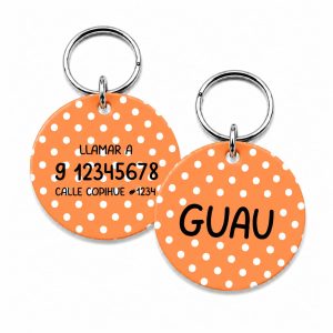 <strong>Guau!</strong> Placa Circular Personalizada Talla S, Lunares Naranja