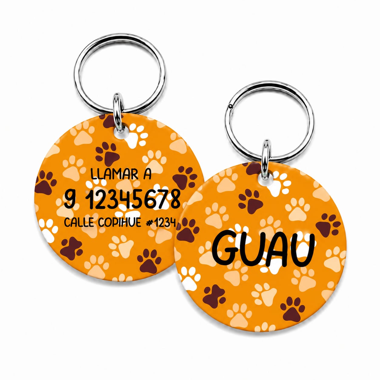 <strong>Guau!</strong> Placa Circular Personalizada Talla S, Naranja Huellitas