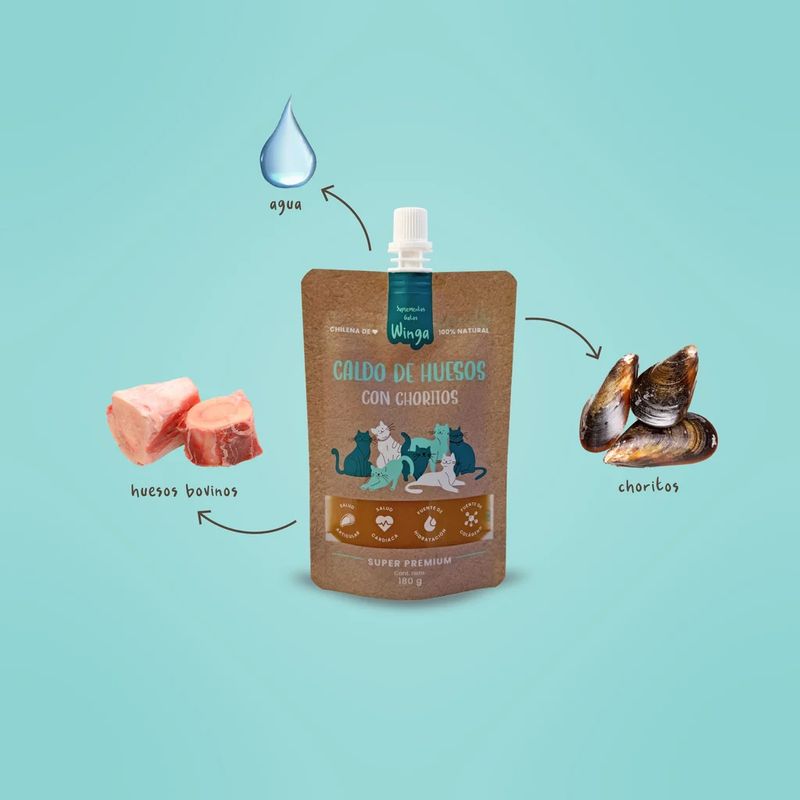 <strong>Winga</strong> Caldo de Hueso con Choritos, Snack Húmedo para Gatos, pouch de 180 gr - Imagen 2