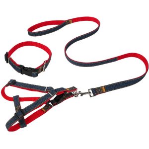<strong>Wonder Dog</strong> Set Arnés, Collar y Correa de Jeans, color Rojo, talla S