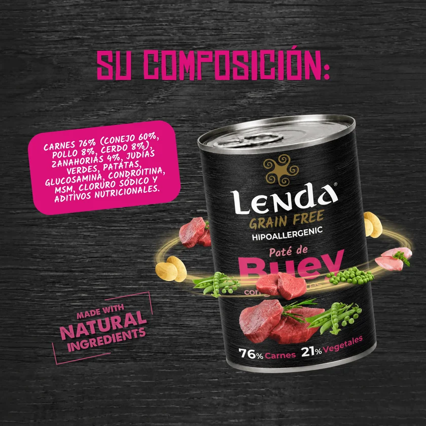 <strong>Lenda</strong> Grain Free, Alimento Húmedo para Perros, Buey, Guisante y Papa, lata de 400 gr - Imagen 5